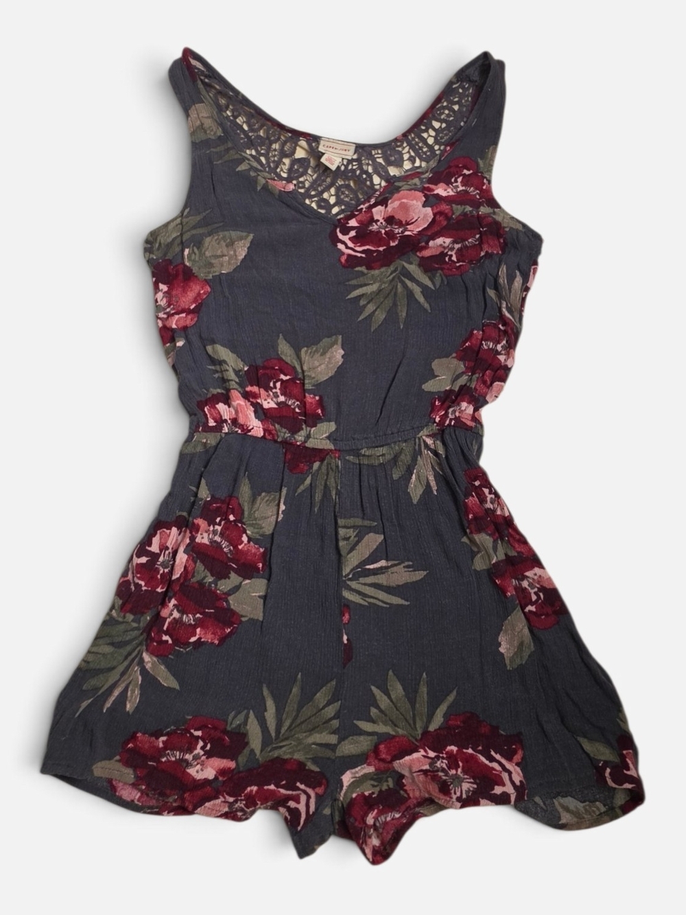 Cape Juby Floral Romper Crochet Lace Back Charcoal Burgundy XS